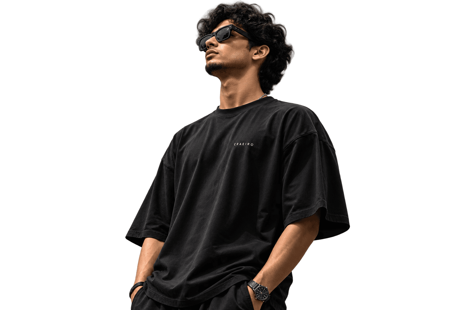 Model wearing an oversized black RAWFLEX tee